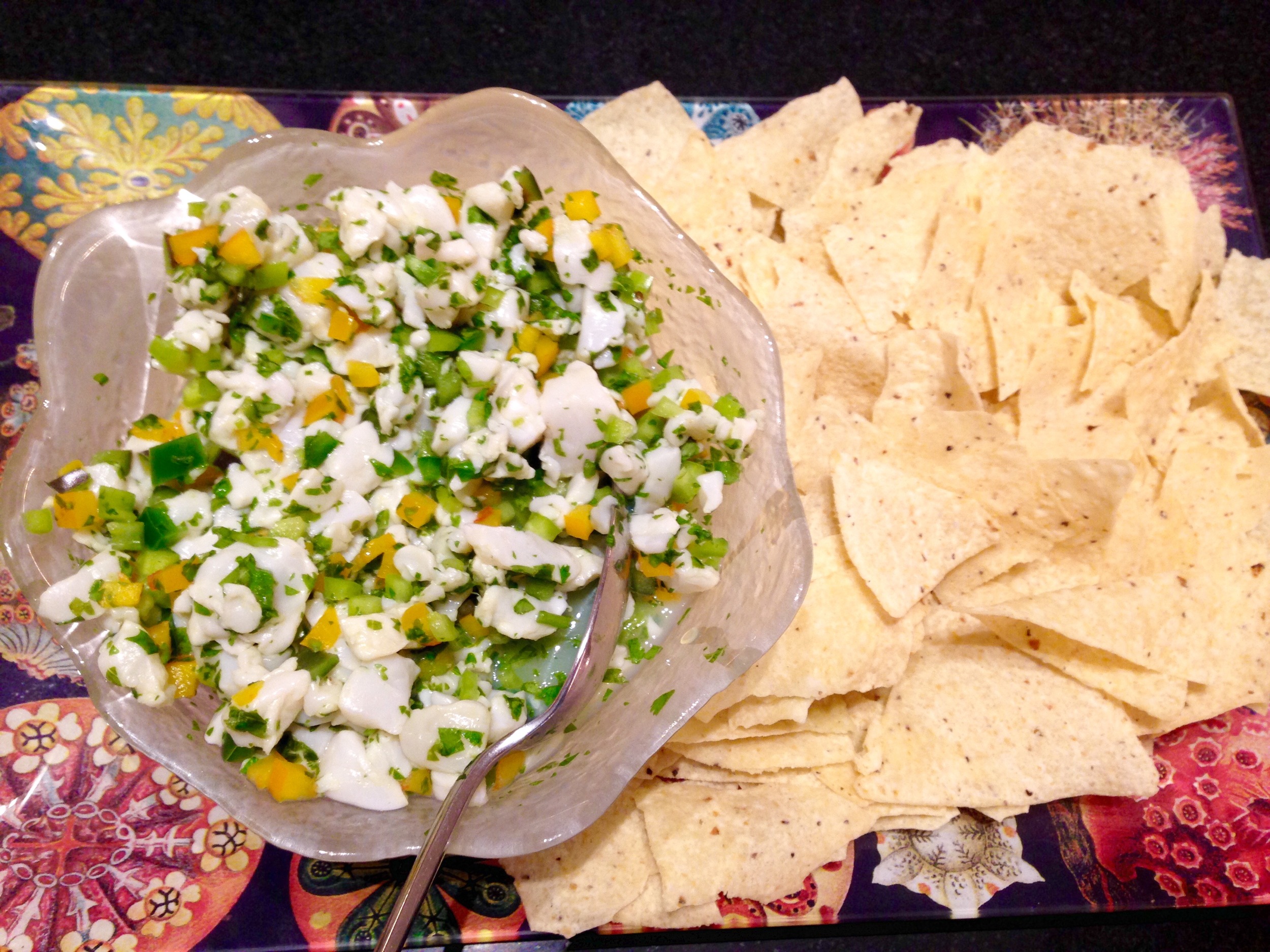 Spicy scallop ceviche with tortilla chips