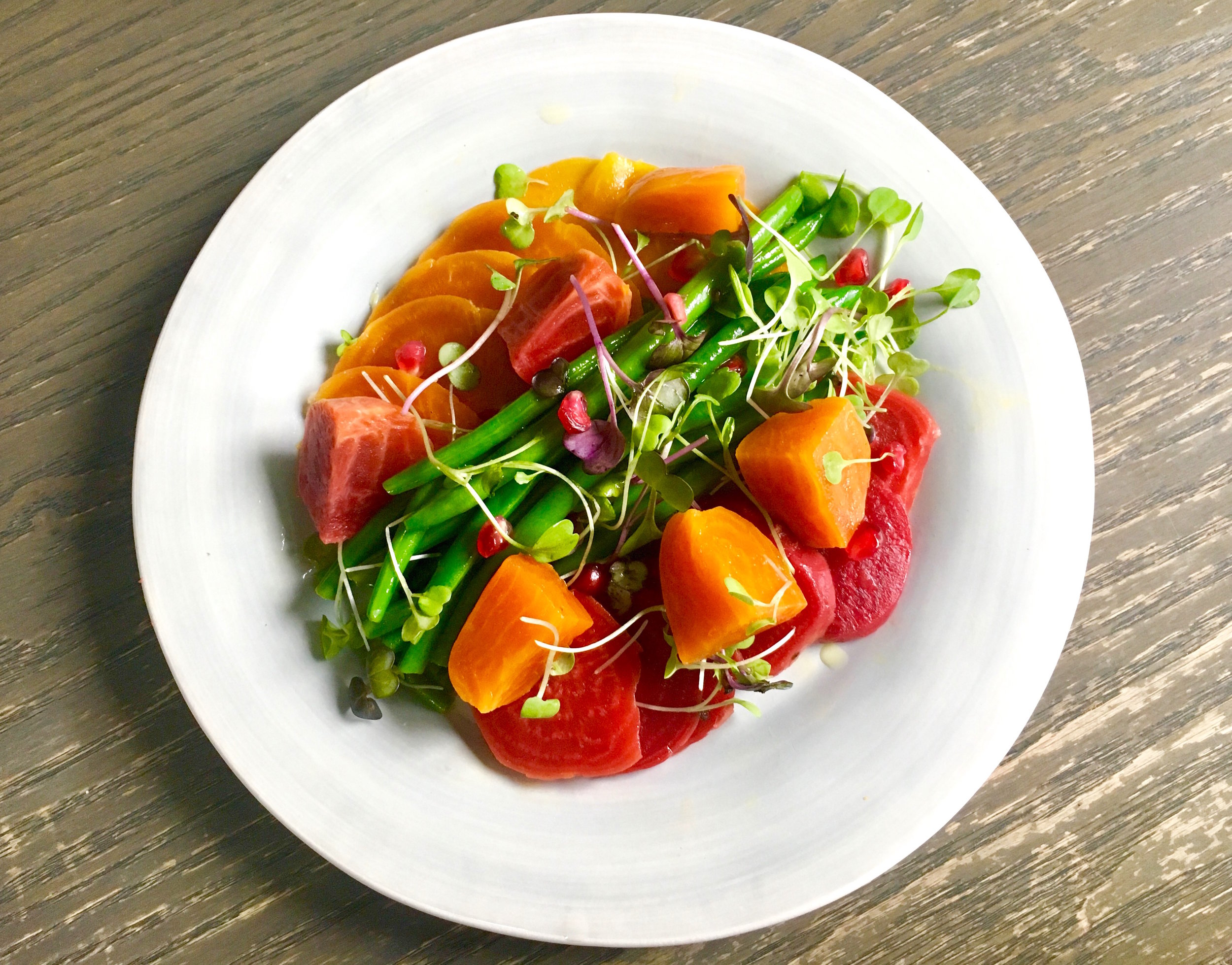 Golden and chioggia beet salad with haricot vert and microgreens