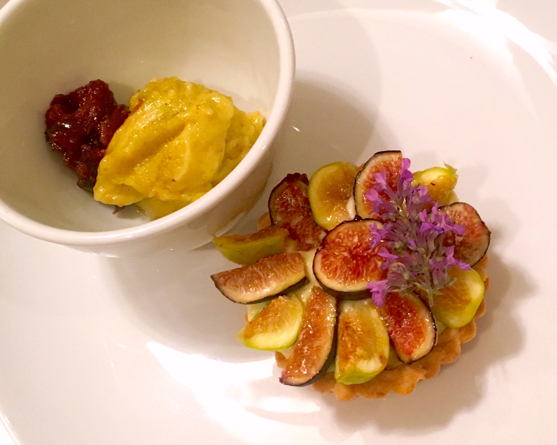 FIGS: fig tart on fig leaf pastry cream; black fig and green fig sorbets