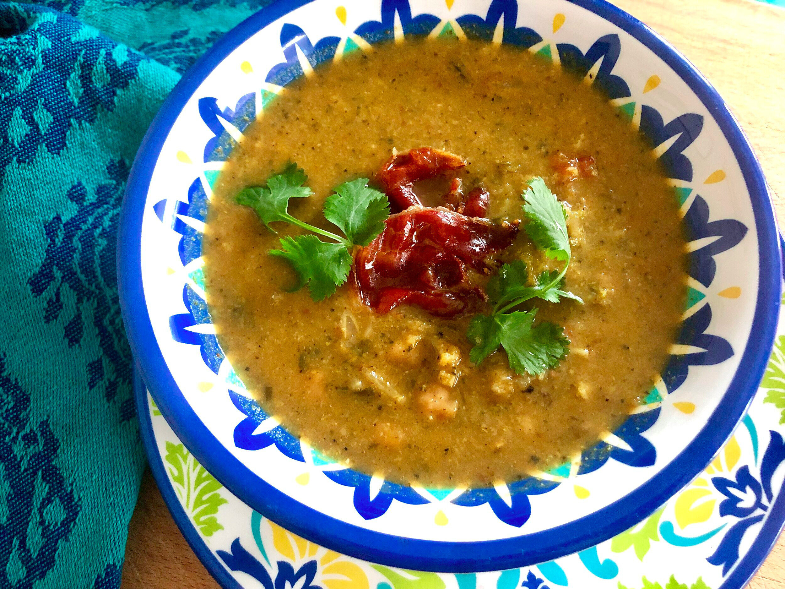 Spiced cauliflower, broccoli, and chickpea soup