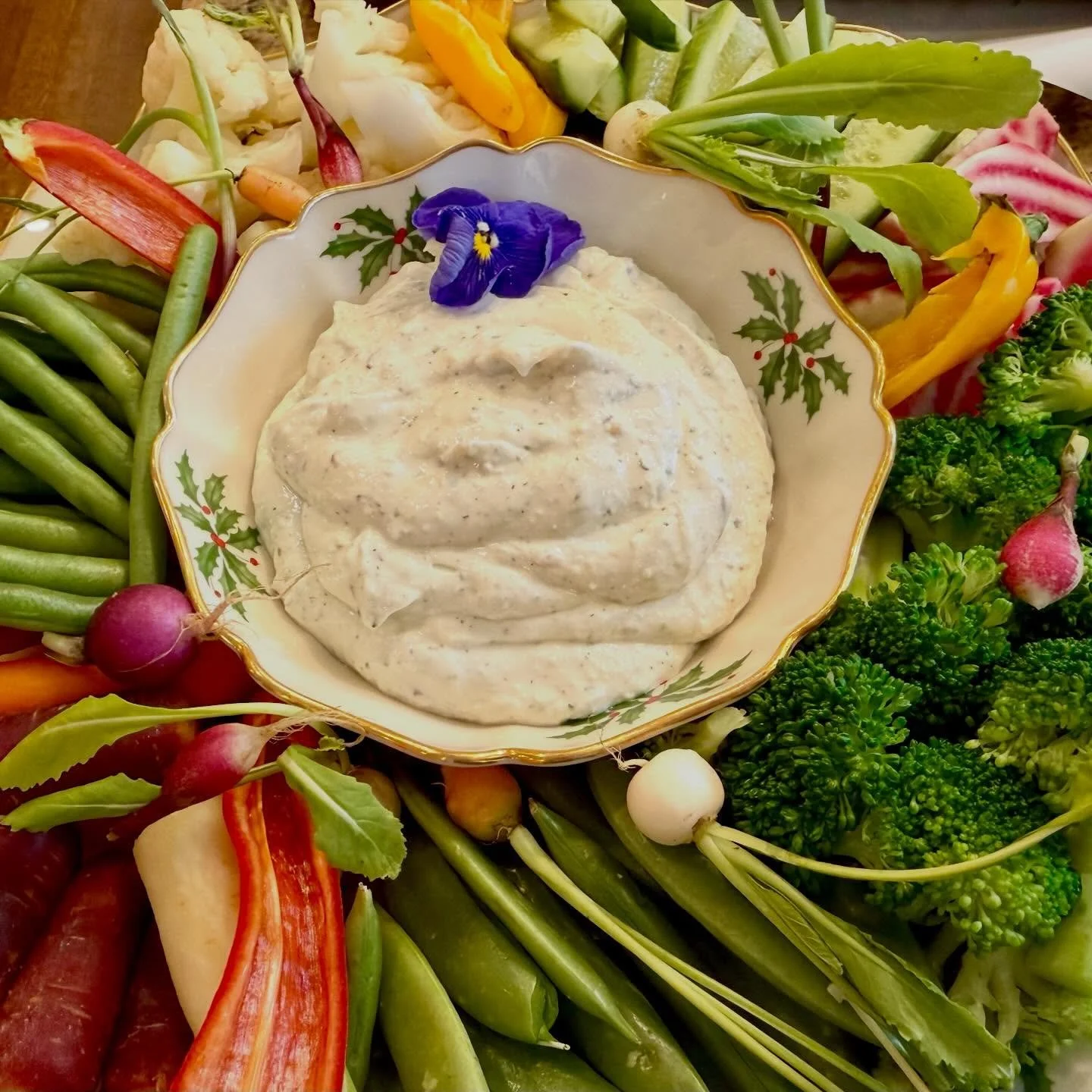 Fresh veggie and micro veggie crudit&eacute; with a cream cheese-yogurt dip with a horseradish and herb kick. #bluaubergine #fabulousfood #catering #privatechef #holidaymeals