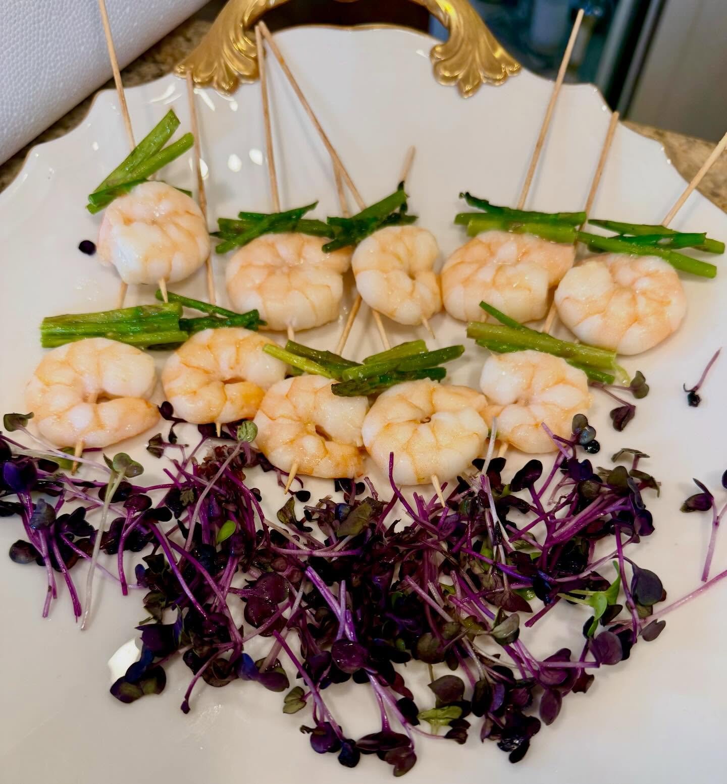 Shrimp and asparagus skewers: light, citrusy, delicious. #bluaubergine #fabulousfood #catering #privatechef #cocktailparty
