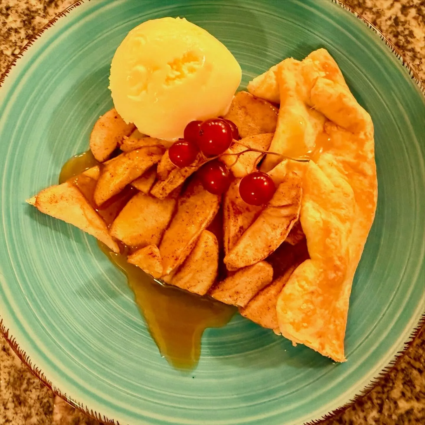 Apple galette with homemade lavender ice cream, salted caramel sauce, red currants. #bluaubergine #fabulousfood #catering #privatechef #dinnerparty