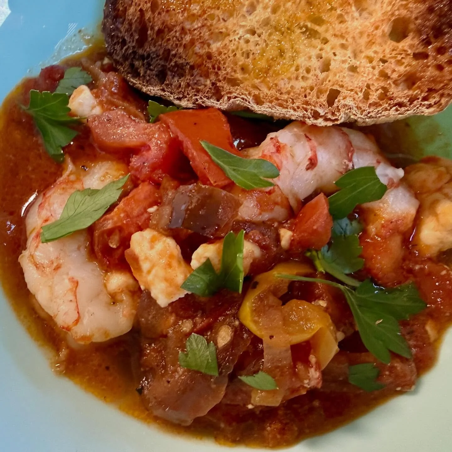 Shrimp saganaki (it&rsquo;s Greek, not Japanese). 😊 #bluaubergine #fabulousfood #catering #privatechef #mealdelivery