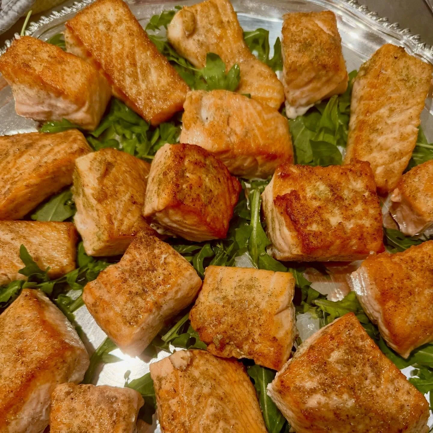 Seared za&rsquo;atar-dusted salmon for a crowd. #bluaubergine #fabulousfood #catering #passoversederdinner #privatechef