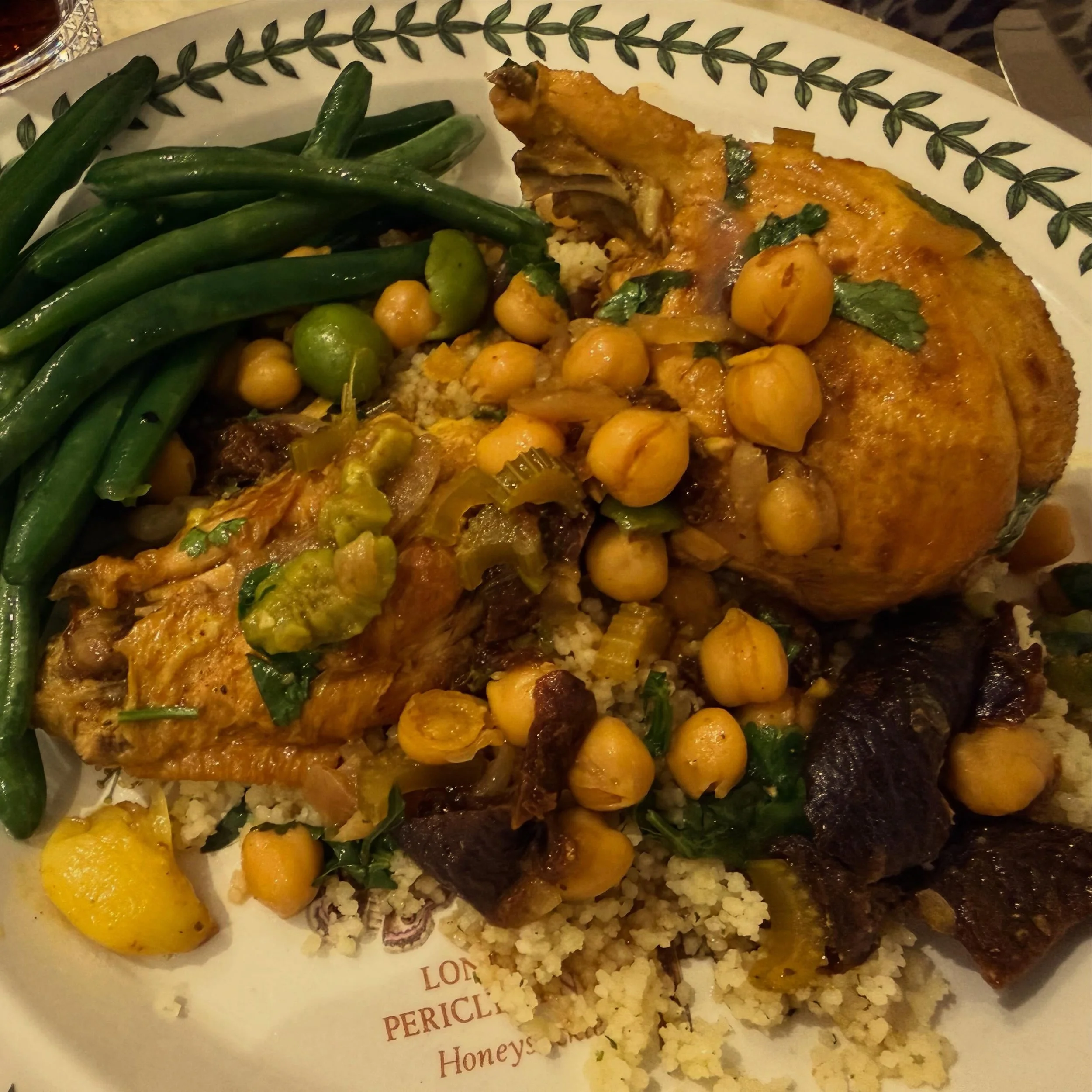 Moroccan chicken tagine with chickpeas, olives, and apricots. Over couscous with haricot verts. Gnam gnam. #bluaubergine #fabulousfood #catering #privatechef #mealdelivery