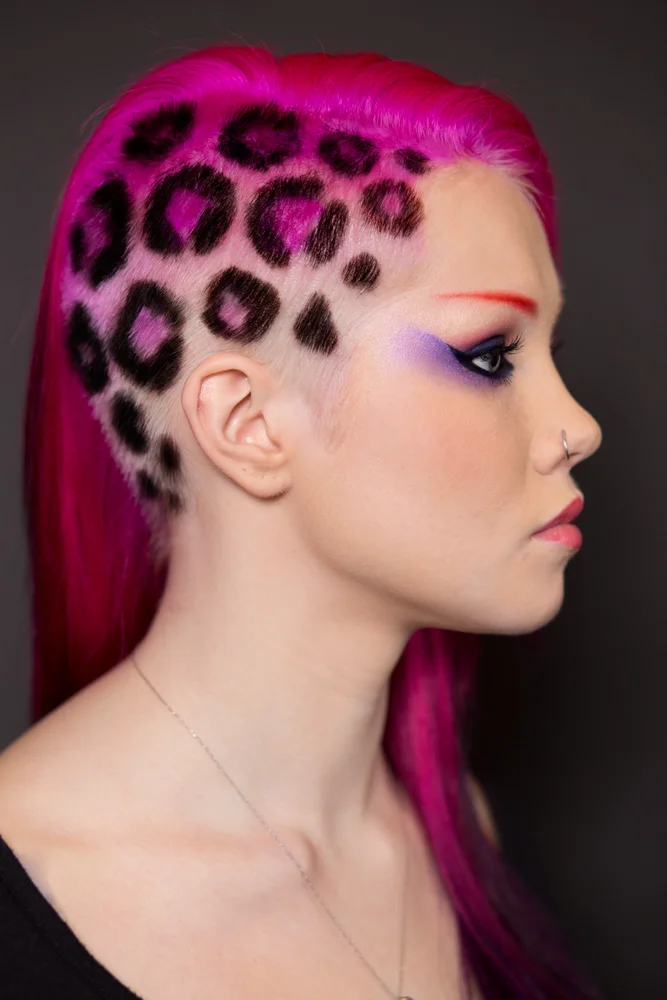 creative haircut and hair colour in pink leopard print