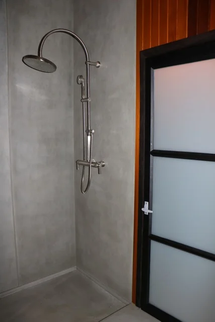 Custom polished stone shower with japanese style door