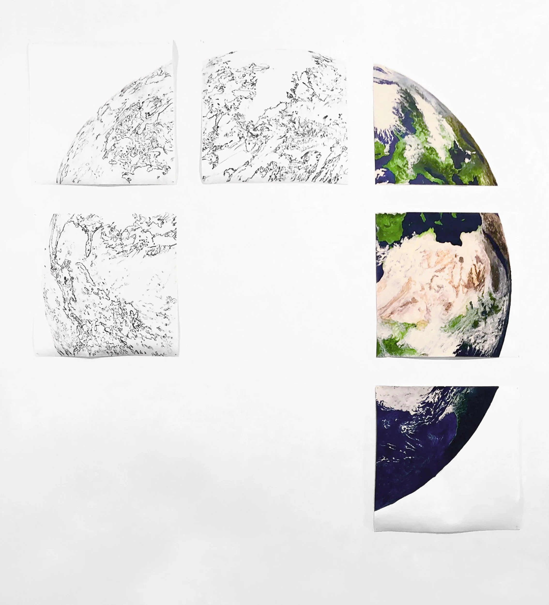 We Earth: WIP Phase 3; 3 modules with charcoal drawing; 3 painted modules; 3 empty spaces; in art gallery