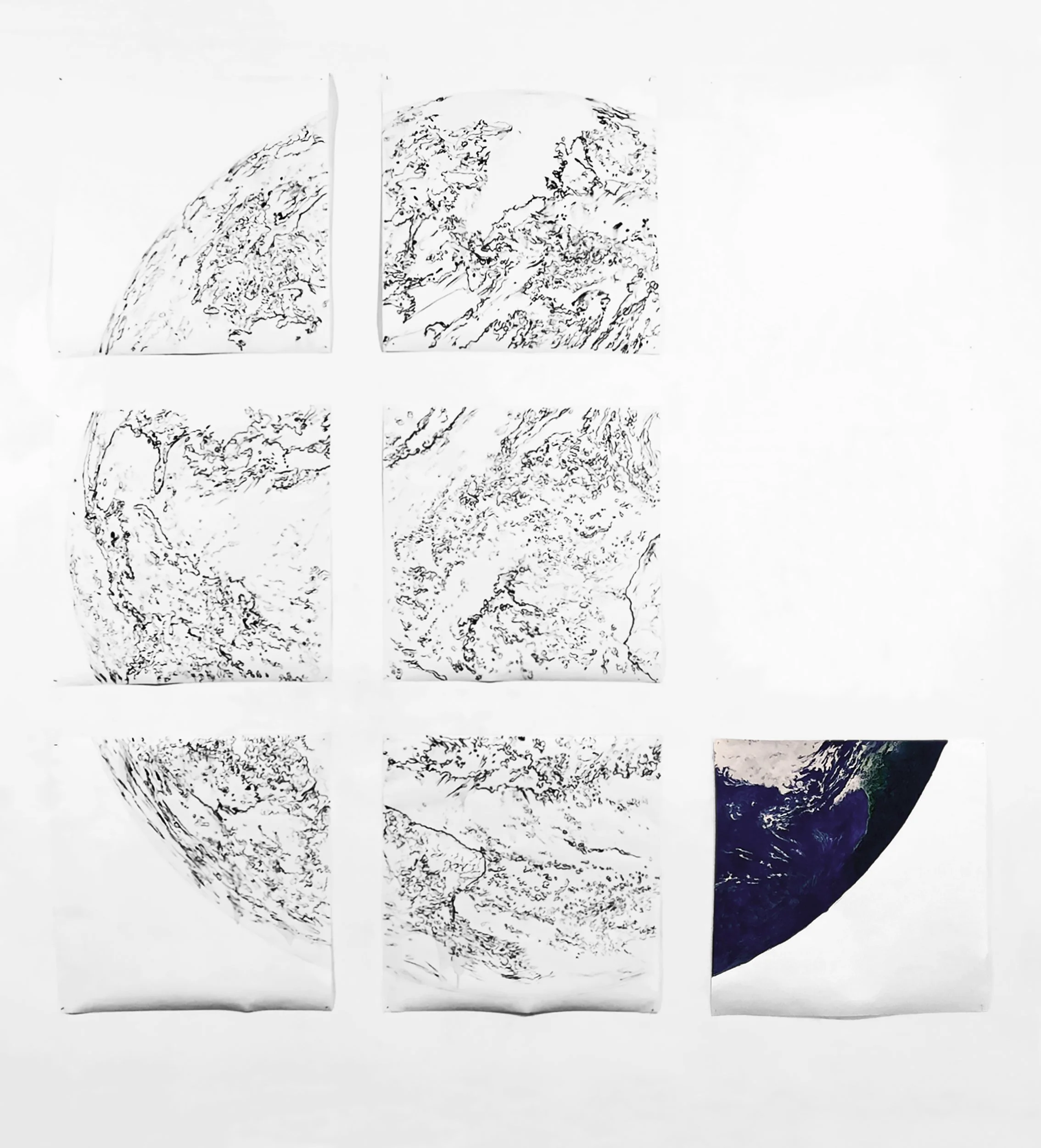 We Earth: WIP Phase 2; 6 modules with charcoal drawing; 1 painted module; 2 empty spaces; in art gallery