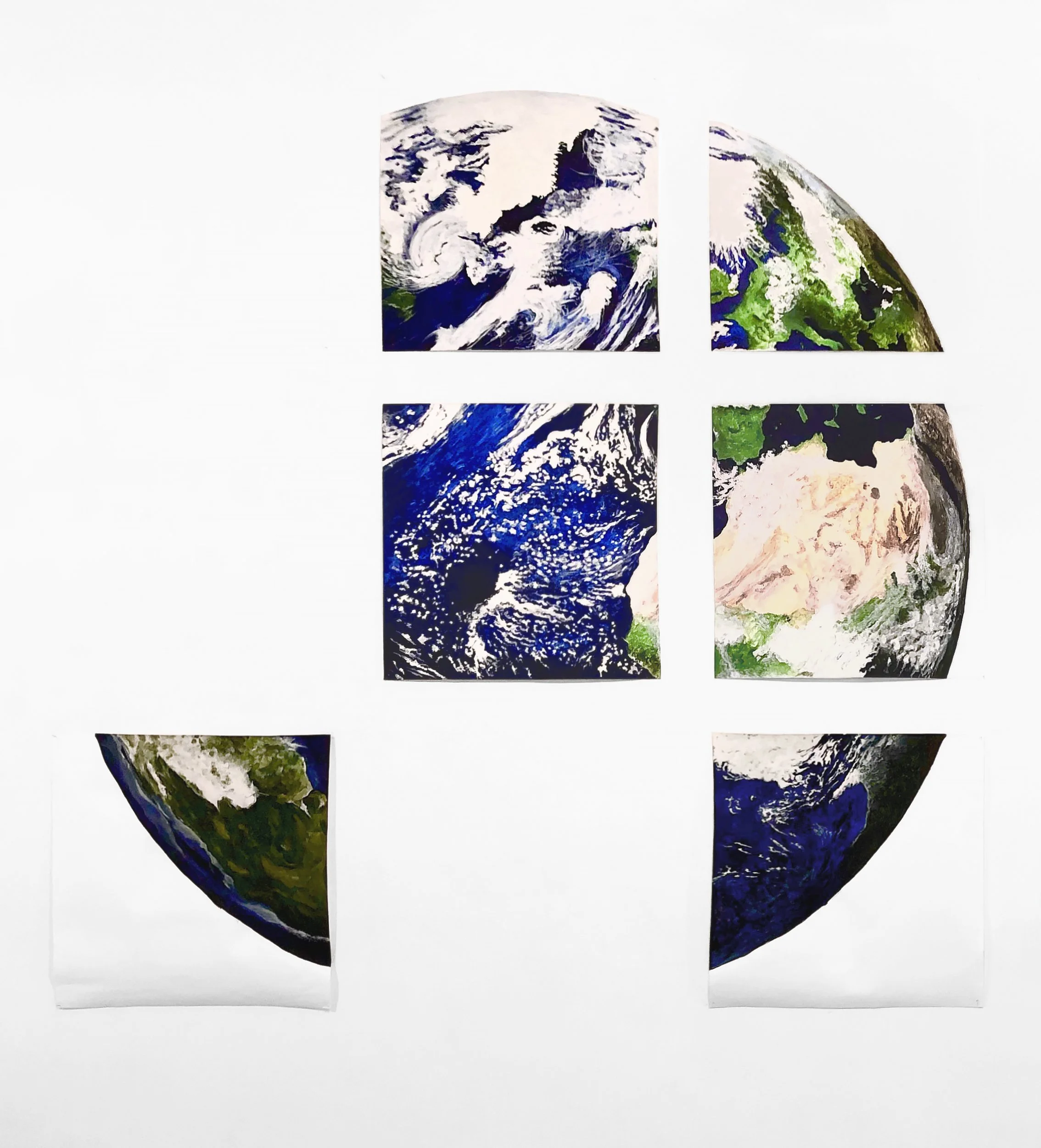 We Earth: WIP Phase 4; 6 painted modules; 3 empty spaces; in art gallery