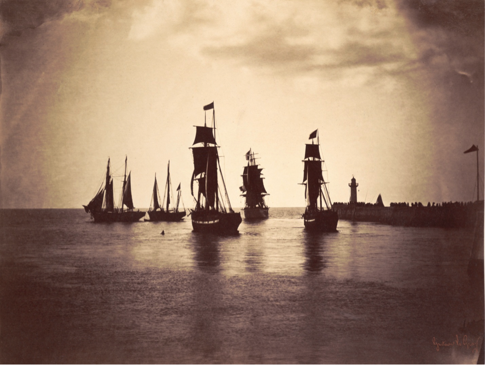 Gustave Le Gray, French, 1820–1884; Group of Ships Departing Le Havre, c.1856; albumen print from collodion glass negative; 12 1/8 x 16 inches; The Nelson-Atkins Museum of Art, Kansas City, Missouri, Gift of the Hall Family Foundation, 2007.21.18 Photo: John Lamberton