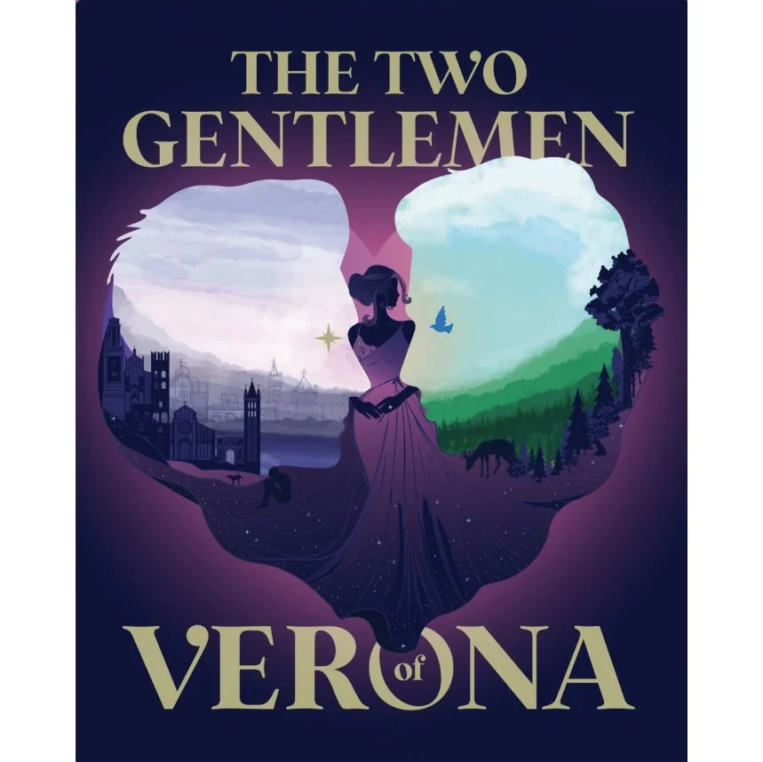 Purple graphic showing a woman flanked by two silhouettes and the text, "The Two Gentlemen of Verona"
