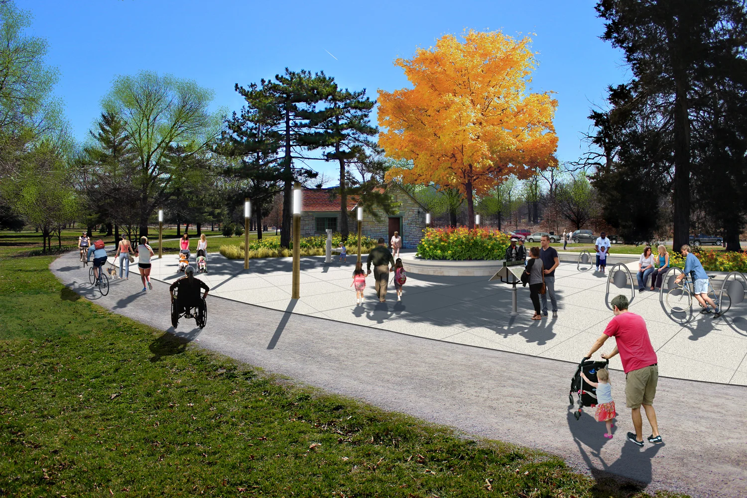 A conceptual rendering of Phase 2 work, when comfort stations will be built out into full Gathering Plazas.