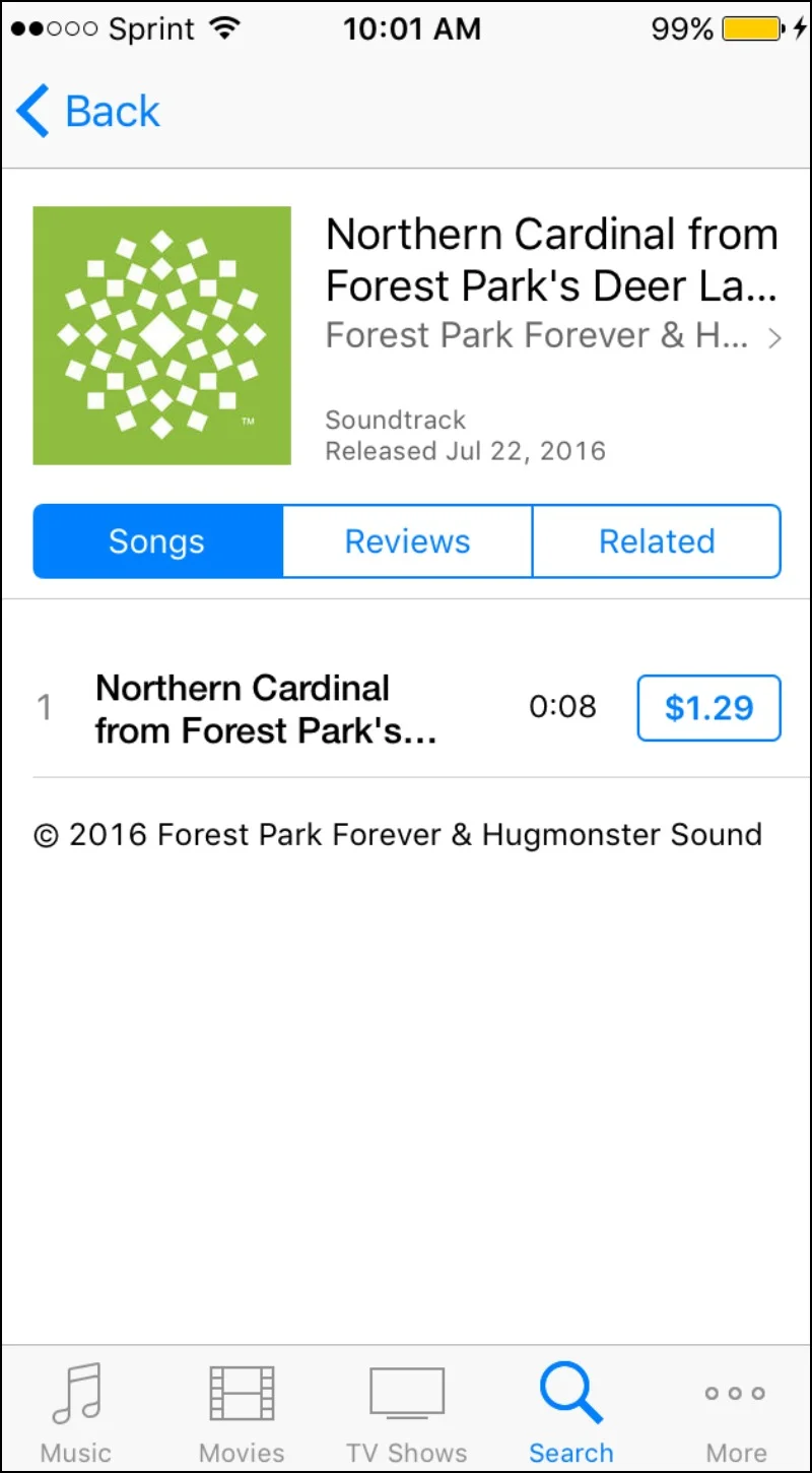 This screenshot shows the item listing for one of the ringtones in the iTunes store.
