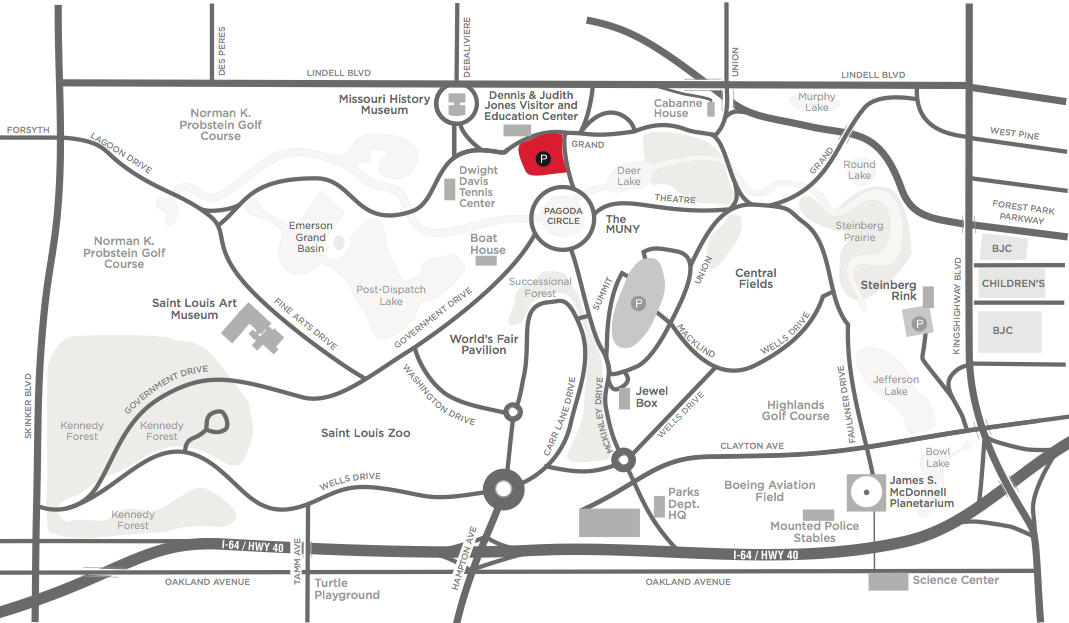 The Visitor Center lots are highlighted here in red. Click to view larger.