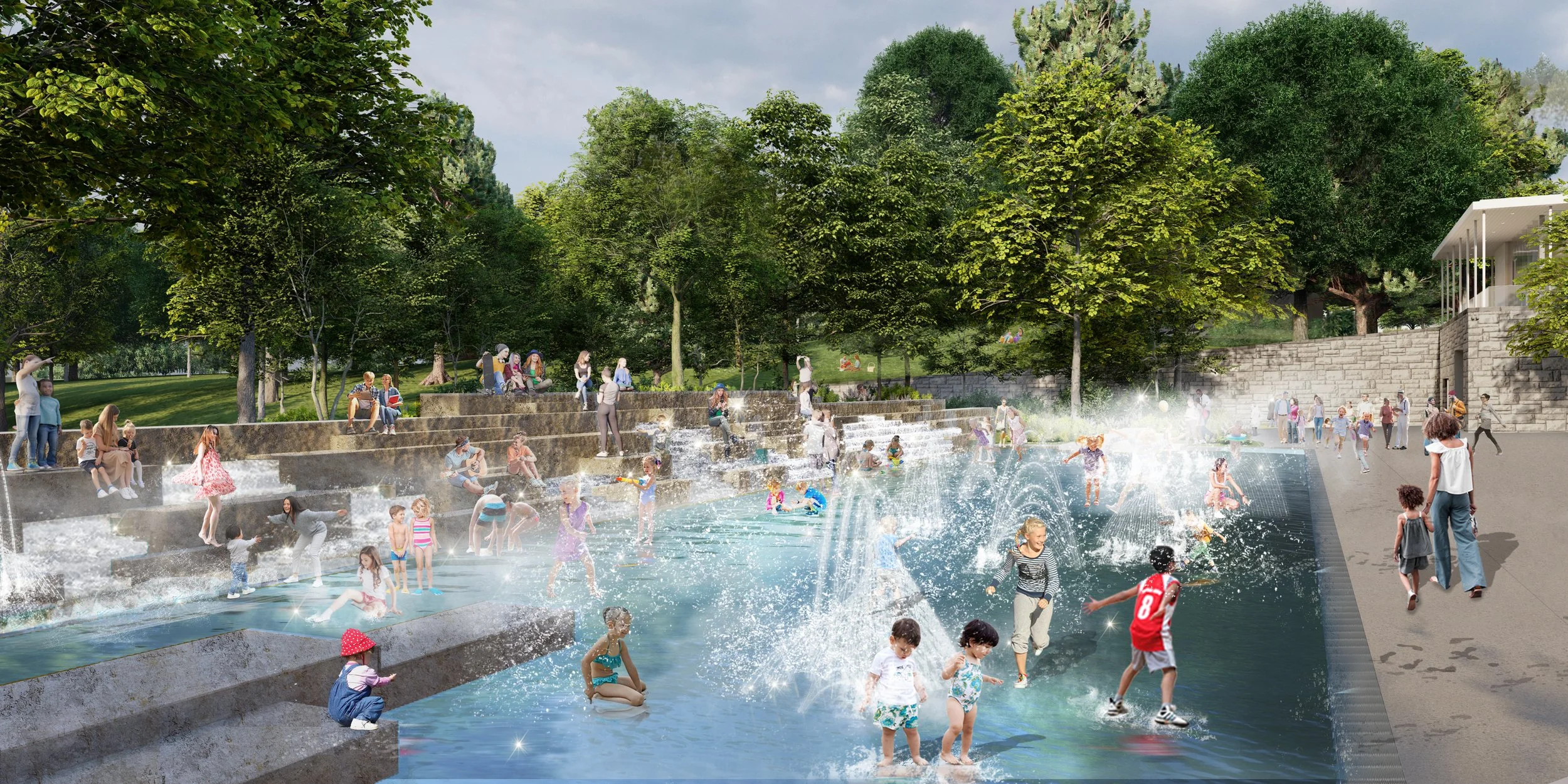 Family-friendly amenities at the Glade will include an interactive water feature with splash pad and fountains.