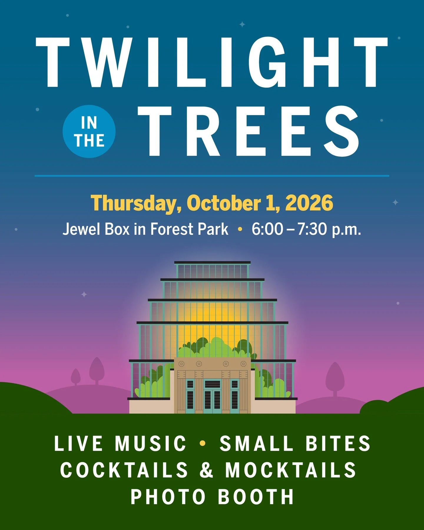 Get your tickets for Twilight in the Trees at the Jewel Box on October 1. 🌲✨

Celebrate 150 years of Forest Park with 150 of your closest friends!

Join the Young Friends of Forest Park Forever for an evening of live music, small bites, special cock