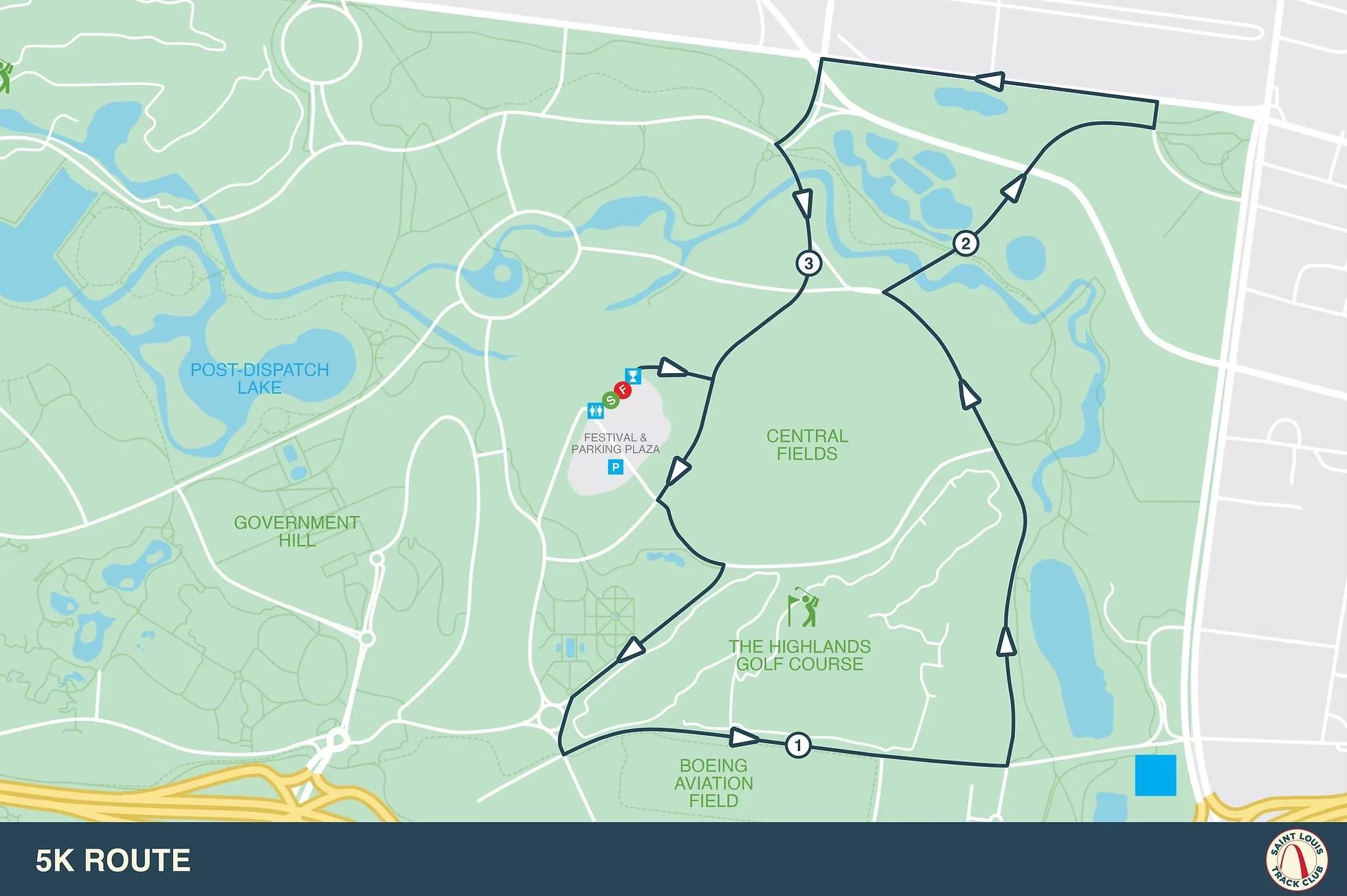 Course map of the 2026 Saint Louis Track Club 5K