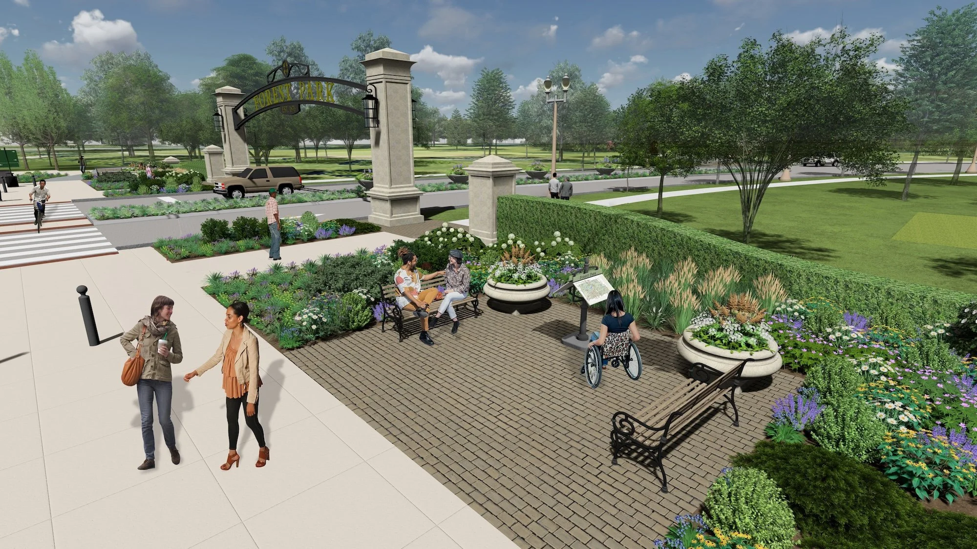 A rendering of park benches surrounded by plantings at the proposed garden nodes is in the foreground, with the arched entrance way in the background.