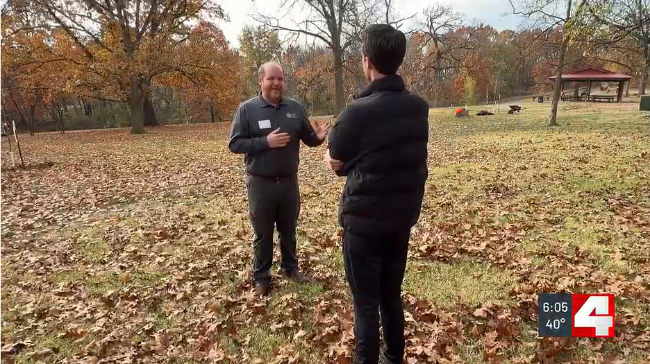 Screenshot of KMOV reporter Cameron Bopp interviewing Roman Fox in Forest Park