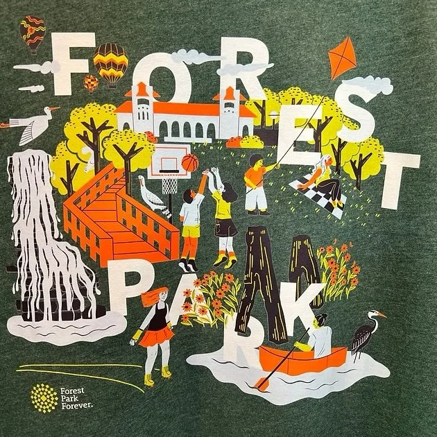 Letters spell out FOREST PARK amid illustrations of people, trees and natural features in Forest Park. The Forest Park Forever logo appears in the lower left.