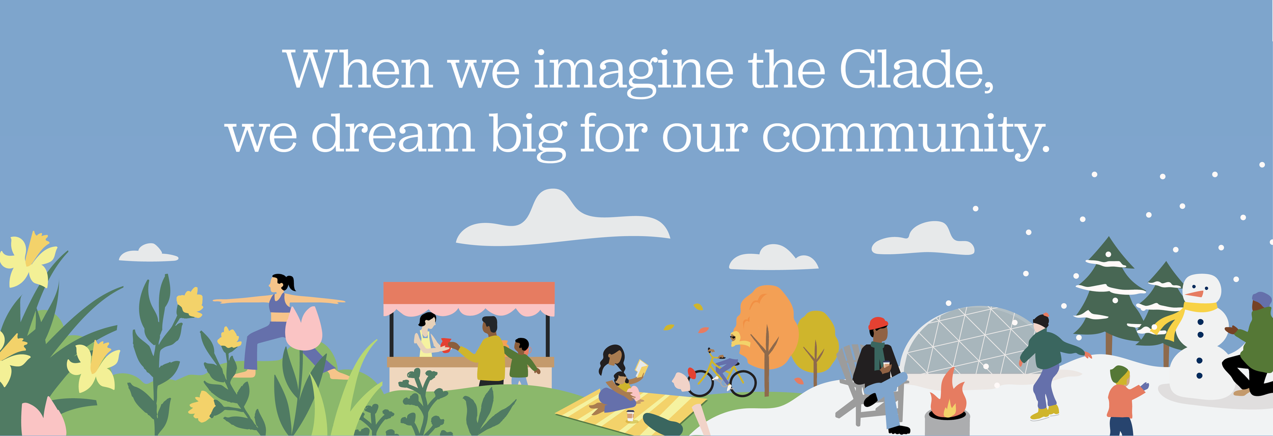 Graphic showing people enjoying the Glade in all seasons and the text, "When we imagine the Glade, we dream big for our community."