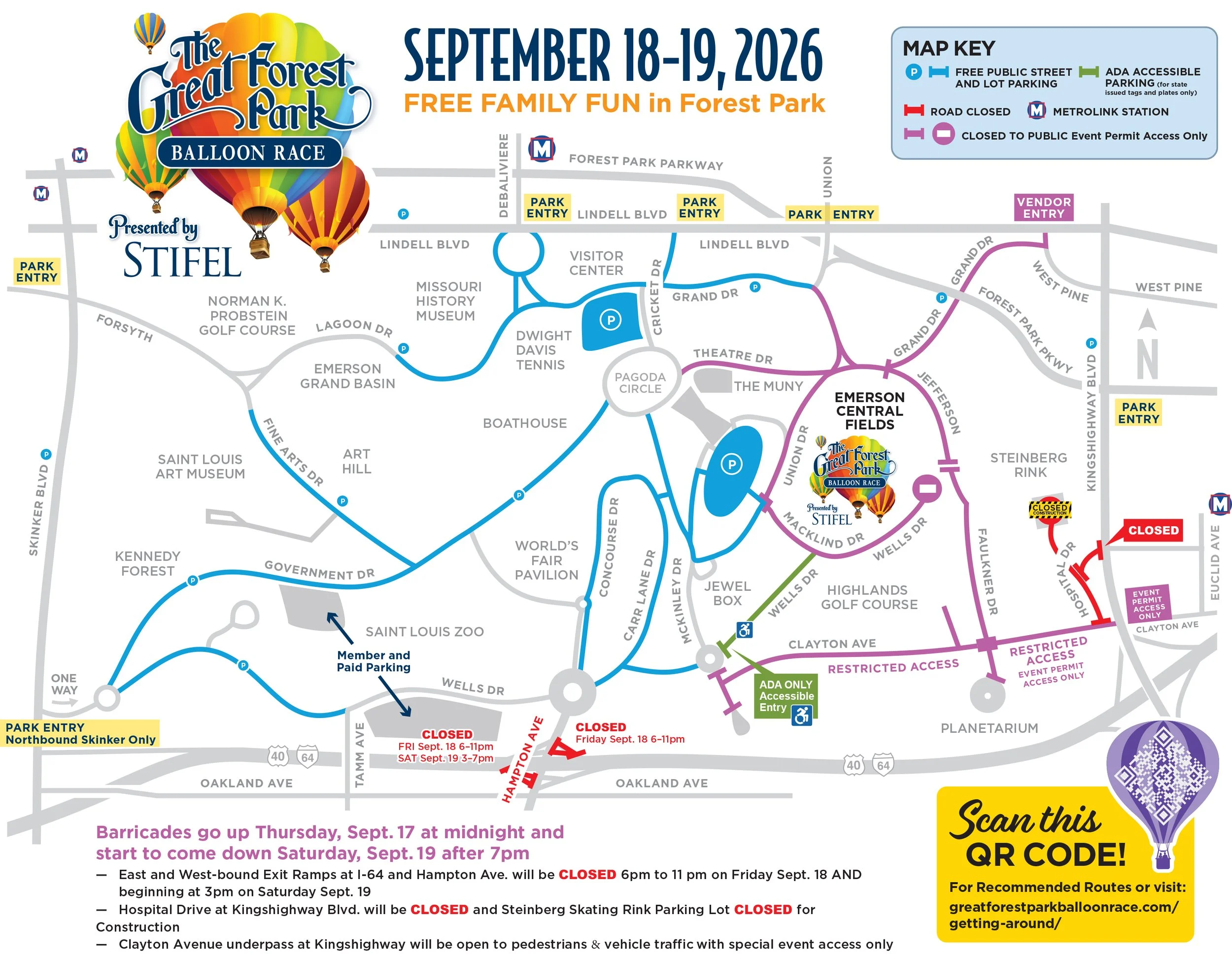 Map of Forest Park showing the Great Forest Park Balloon Race footprint, parking and road closures
