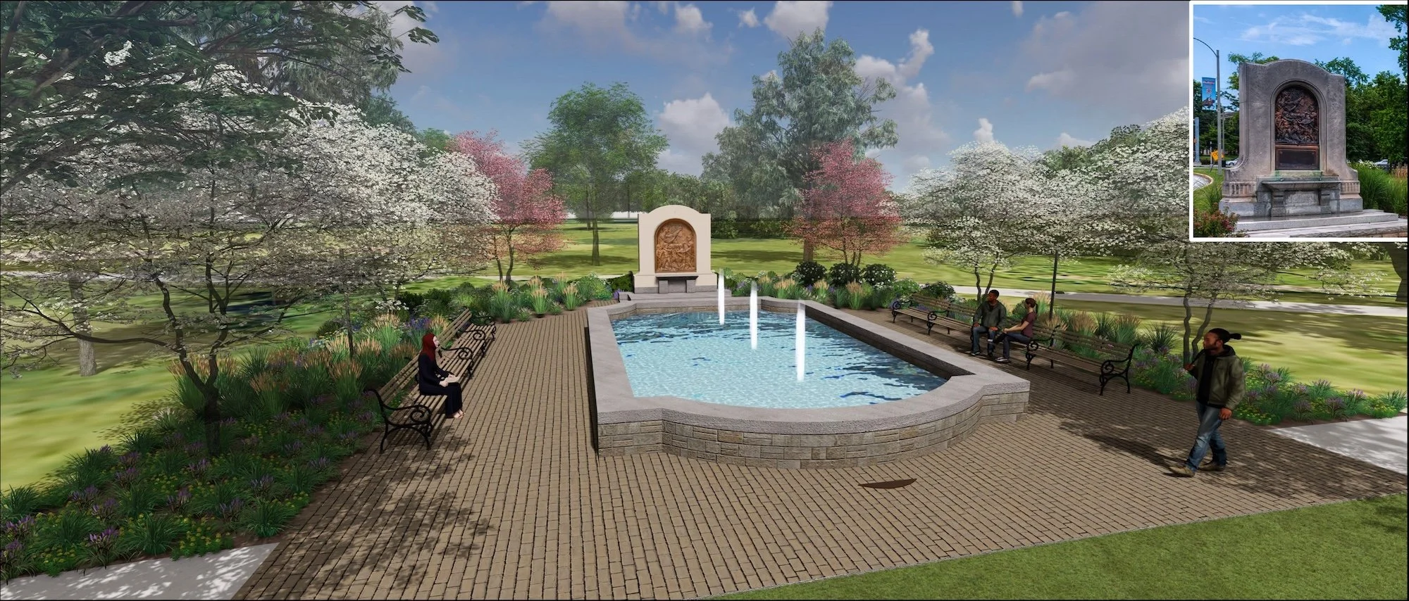 A rendering of the Musicians Memorial and Fountain features a pool of water with three vertical streams of water and a relief monument in the background. The site is surrounded by benches and plantings.