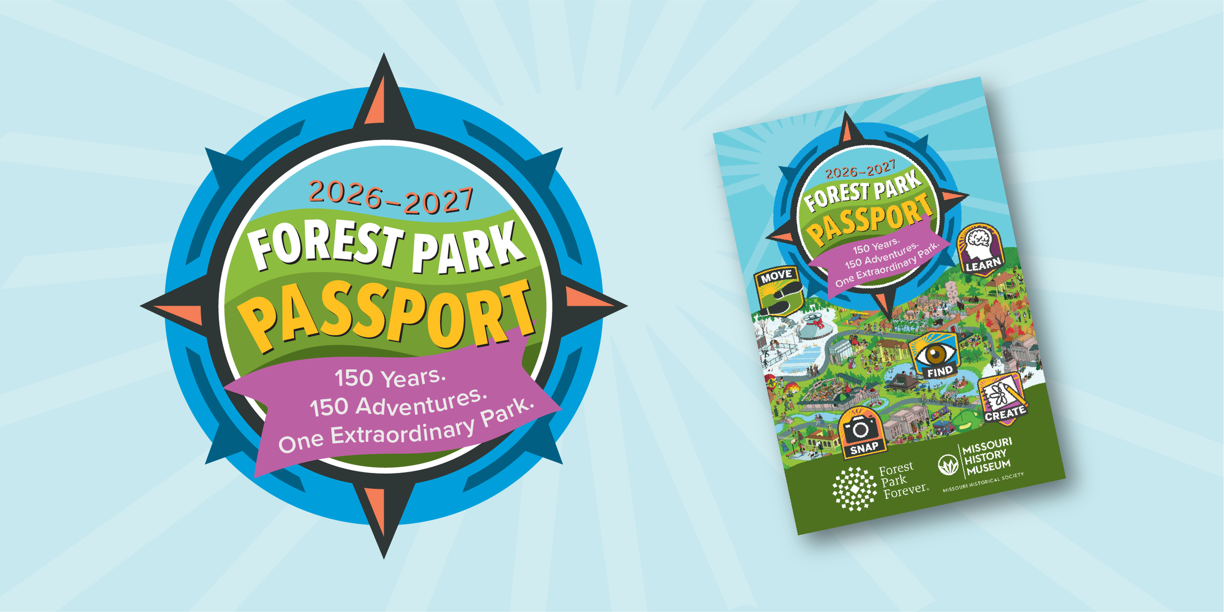 A compass logo for the Forest Park passport is next to a picture of the booklet