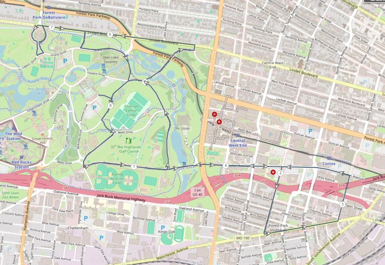 Course map of the 2026 Saint Louis Track Club half marathon