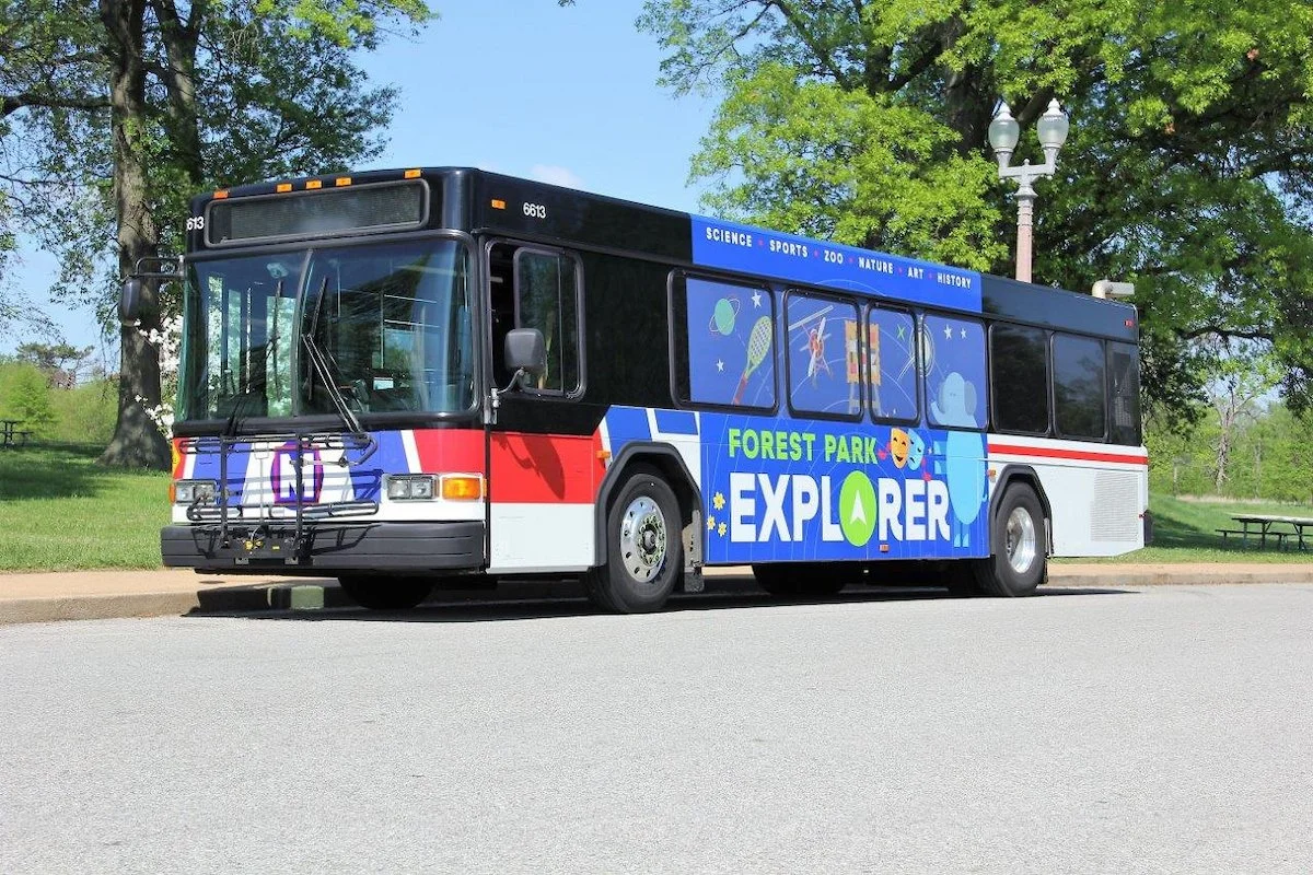 A St. Louis City bus serves as the free Forest Park Explorer shuttle