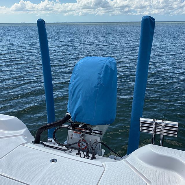 Engine and power pole covers that I made.  Keep your boat nice! The sun is the worst enemy of paint and decals.  #suzuki #powerpole #boating #sunbrella #solarfixthread #customcanvas #boatcovers #boatlife