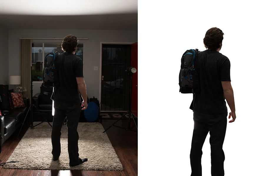  I knew from previewing the background scene the author supplied, that we wanted light coming at the man to give the same feeling as the light in the street. So I used a Profoto RFi 1 x 3 strip light pointed right at the subject to provide the backlighting.