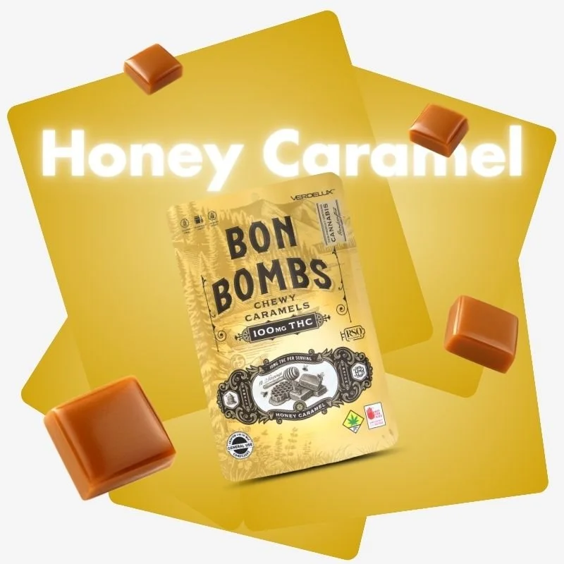 Honey caramel candy edibles package labeled 'Bon Bombs Chewy Caramels' with honey and honeycomb illustrations, surrounded by floating caramel cubes, with a yellow background and the text 'Honey Caramel' at the top.