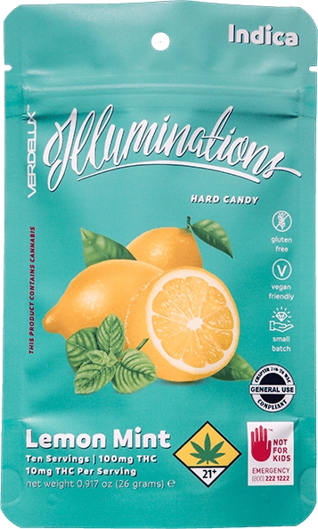 A teal resealable bag of Verdelux Illuminations Lemon Mint hard candy with lemon and mint images, indicating flavor, and labels for gluten-free, vegan, small batch, and general use.