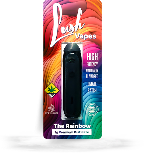A package of Lush Vapes The Rainbow cannabis vape cartridge, featuring a colorful rainbow background and claims of high potency, natural flavor, small batch, and premium distillate.