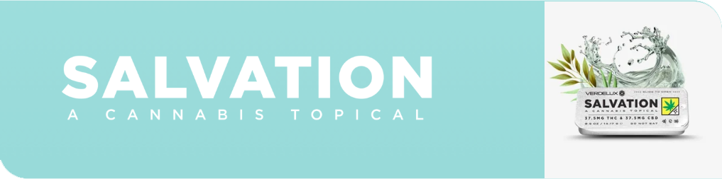 Salvation cannabis topical product in a container with green leaves and water splash design