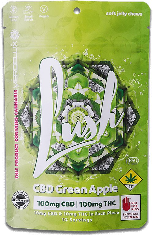 Green package of soft jelly chews labeled 'Lush' with Green Apple flavor. Contains 10mg CBD and 10mg THC per piece, 10 servings.