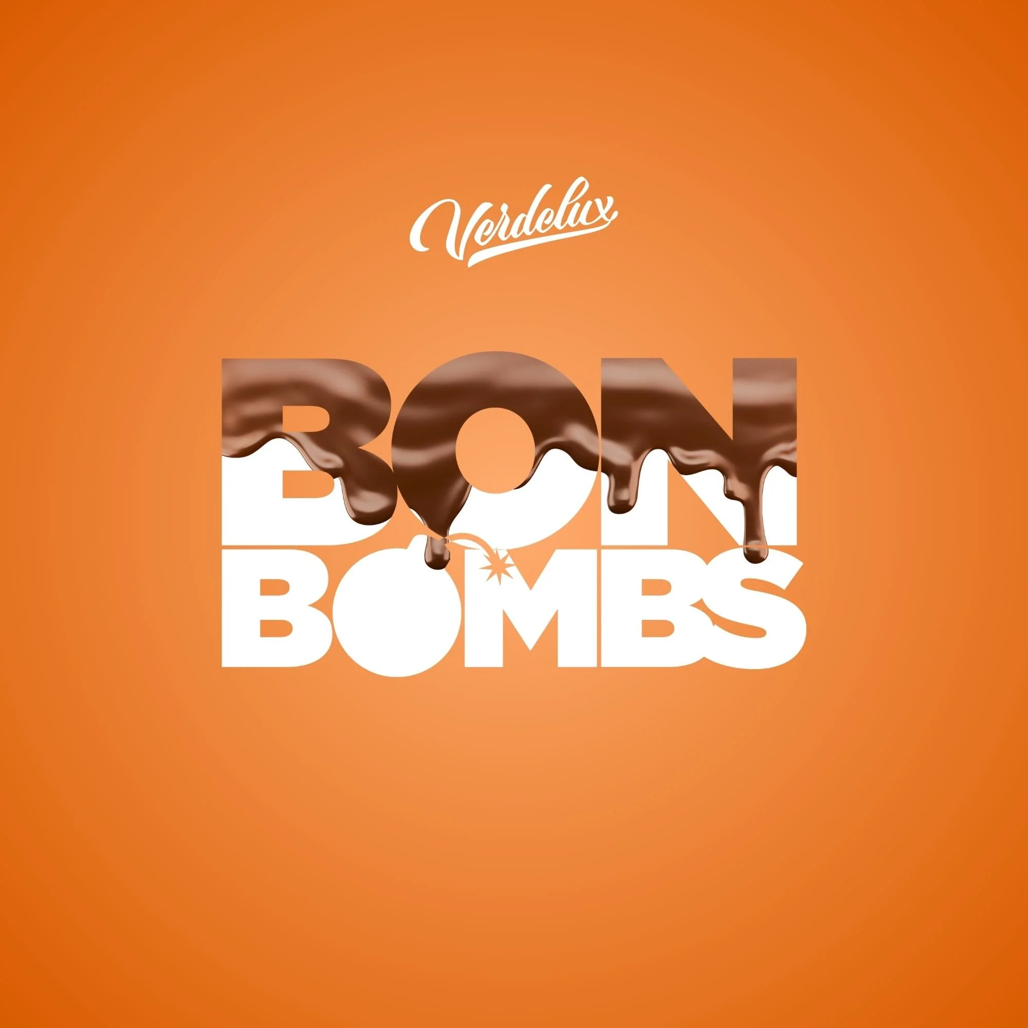 Orange background with the words "BON BOMBS" in white, with dripping chocolate on the top half of the text and the word "Verdelux" is written above in cursive.