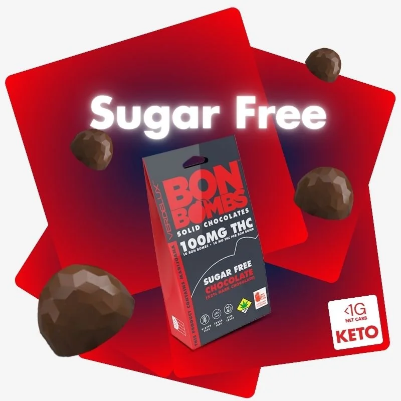 Red background with white text that says "Sugar Free" and a package of Bon Bombs solid chocolates labeled as sugar free, keto, and 100mg THC, with chocolate edibles around it.