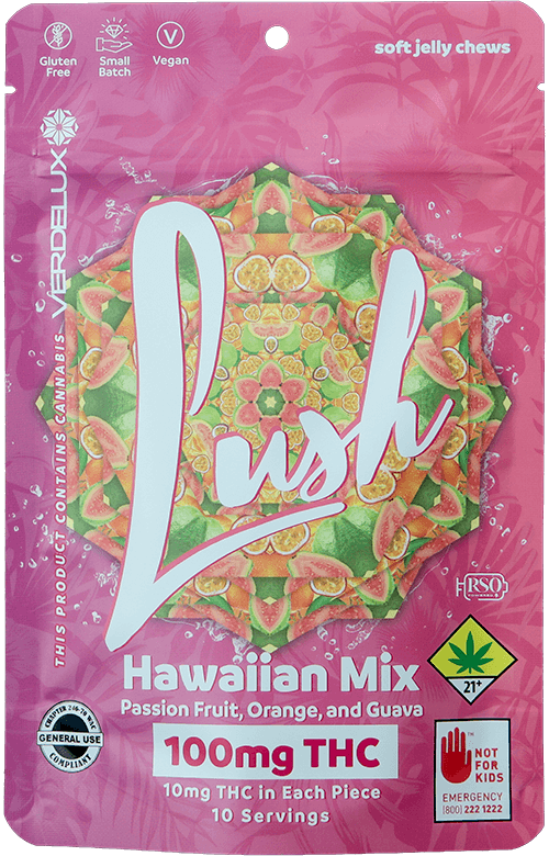 Packaging of Lush Hawaiian Mix soft jelly chews with passion fruit, orange, and guava flavors, containing 100mg THC,