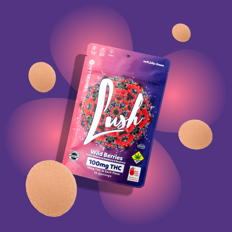 Packaging of a cannabis edible product called 'Lush' with wild berries flavor, containing 100mg THC, surrounded by gummies on a purple background.