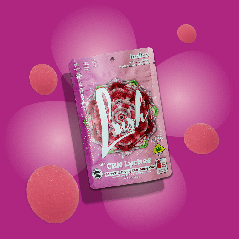 Pink package of Indica CBN THC Lychee flavored soft jelly chews with lychee fruit illustration on the package, surrounded by lychee jelly candies on a pink background.