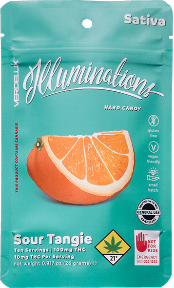 Packaging of Illuminations sour tangerine cannabis edible with orange slice illustration, Sativa label, and THC information.