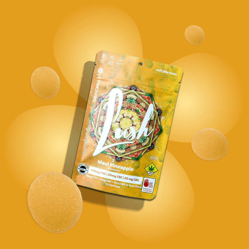 Package of Lush Maui CBC, THC and CBG Pineapple soft jelly chews with a yellow background, surrounded by jelly candies.