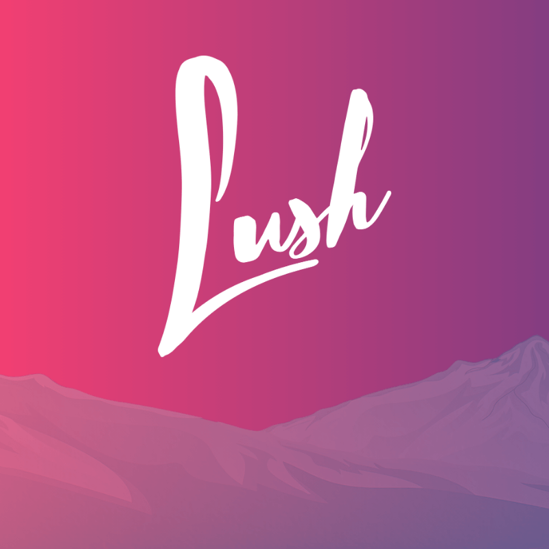 Stylized text reading 'Lush' over a pink and purple gradient background with mountains at the bottom.