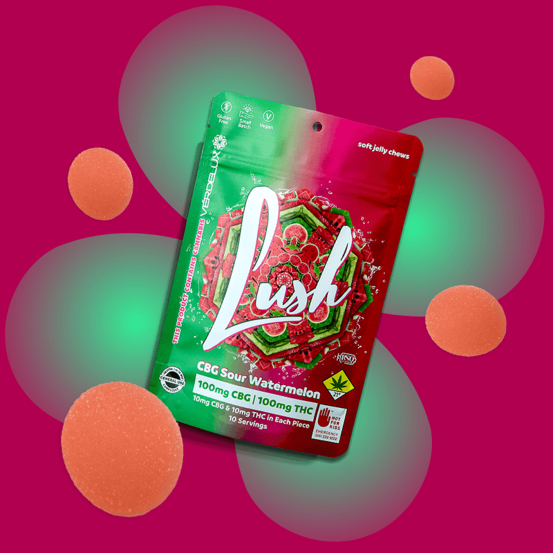 A package of Lush CBG THC Sour Watermelon soft jelly chews with a bright pink background and floating orange gummyies.