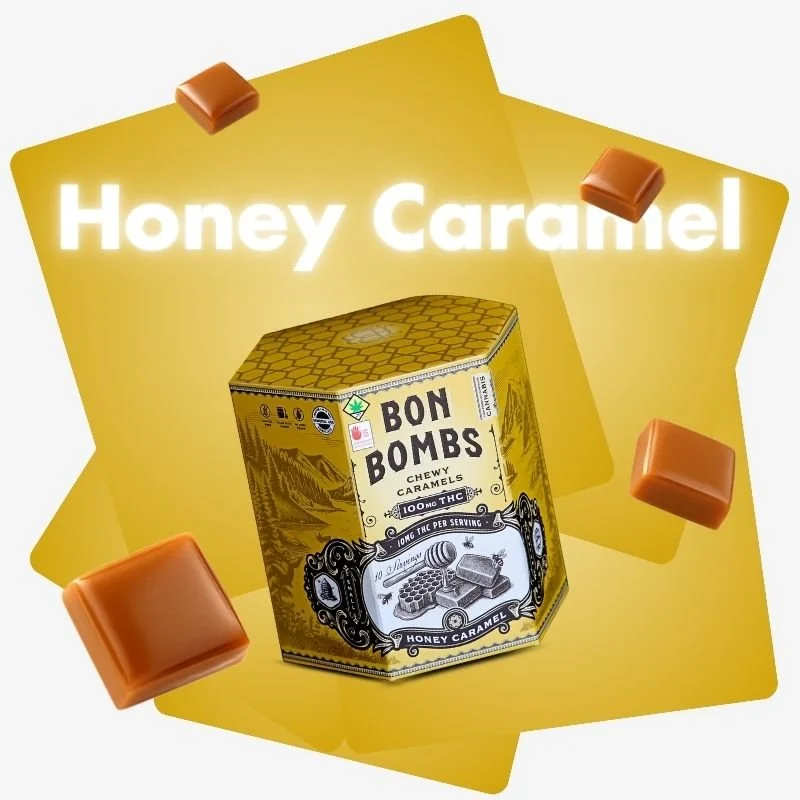 Honey caramel candy edibles package labeled 'Bon Bombs Chewy Caramels' with honey and honeycomb illustrations, surrounded by floating caramel cubes, with a yellow background and the text 'Honey Caramel' at the top.