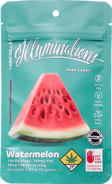 Package of Verdelux Illuminations Watermelon flavored hard candy with THC, gluten-free, vegan, small batch.
